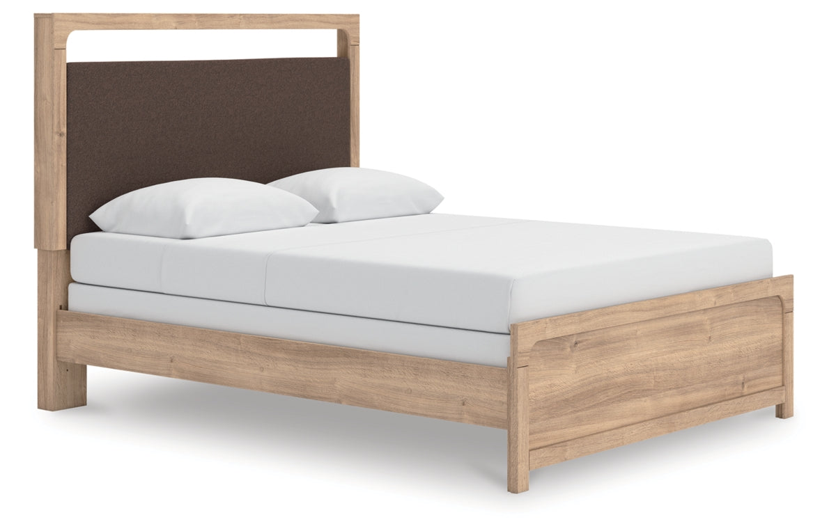Kinlanni Queen Upholstered Panel Bed, Dresser and Mirror