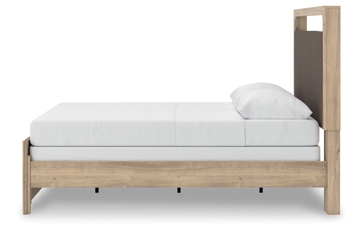Kinlanni Queen Upholstered Panel Bed, Dresser and Mirror
