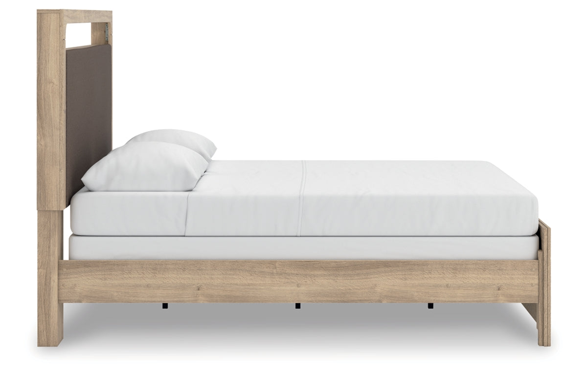 Kinlanni Queen Upholstered Panel Bed, Dresser and Mirror
