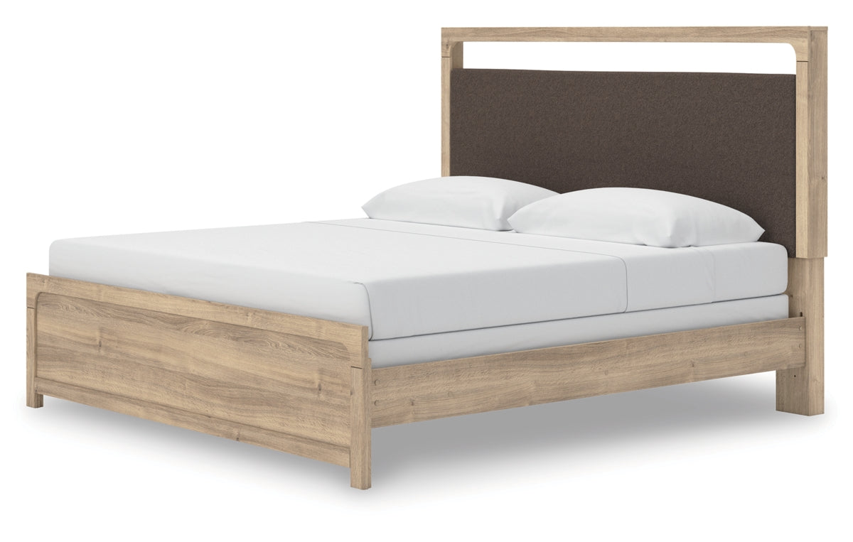 Kinlanni King Upholstered Panel Bed, Dresser, Mirror and Nightstand