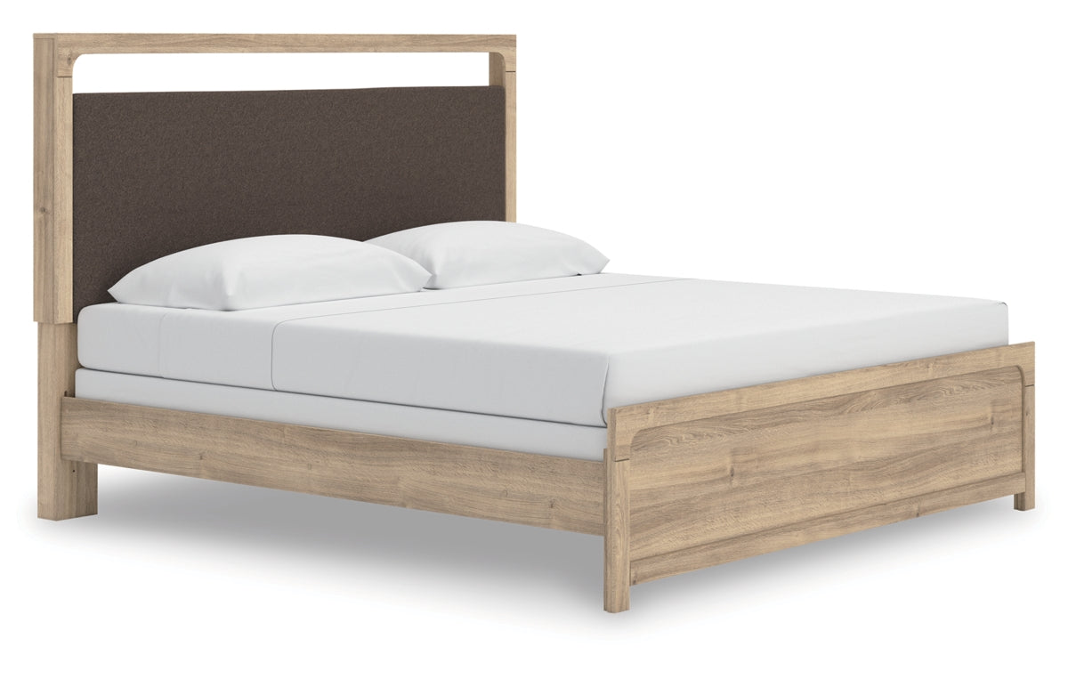 Kinlanni King Upholstered Panel Bed, Dresser, Mirror and Nightstand