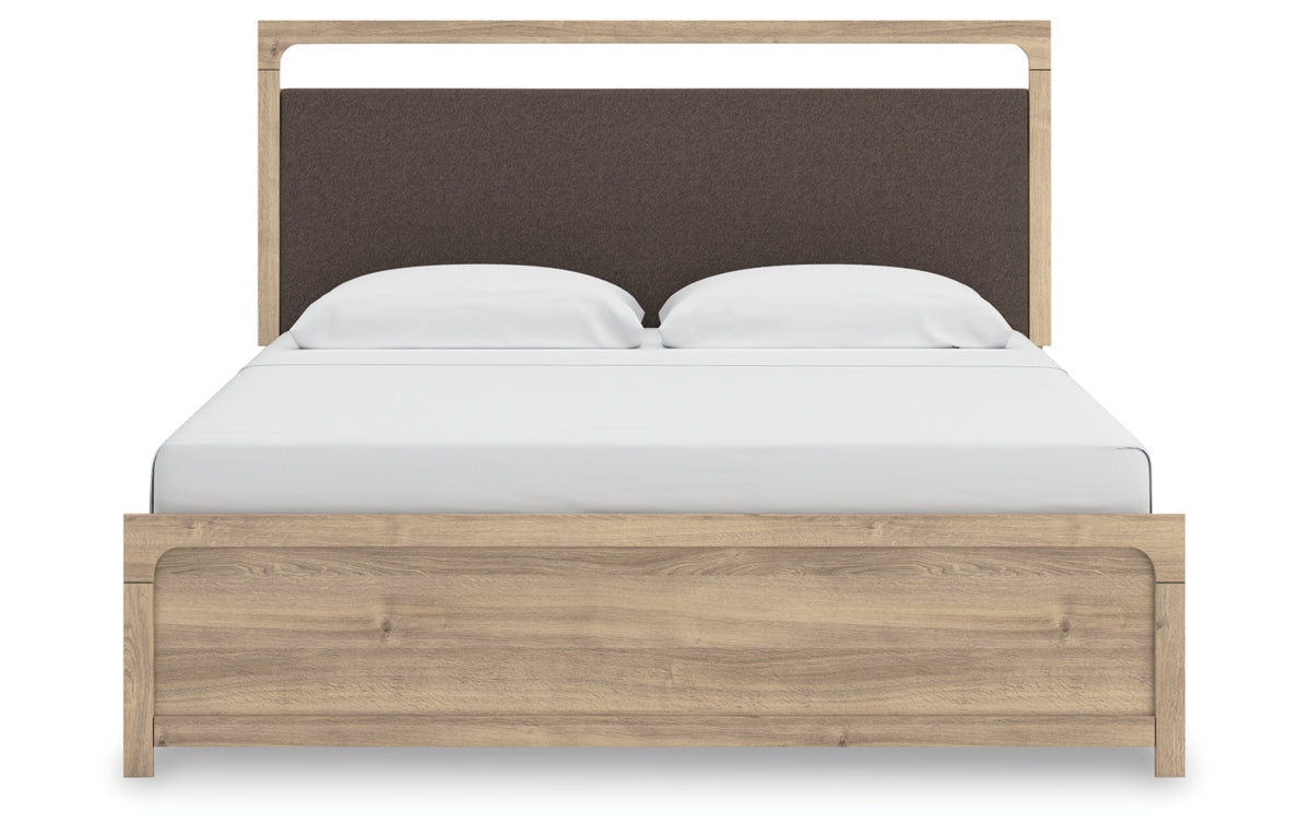 Kinlanni King Upholstered Panel Bed, Dresser, Mirror and Nightstand