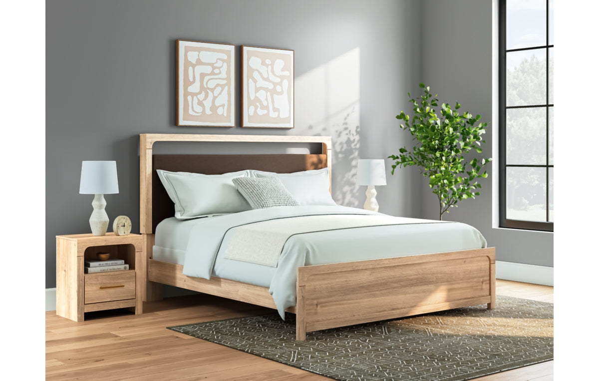 Kinlanni King Upholstered Panel Bed, Dresser, Mirror and Nightstand
