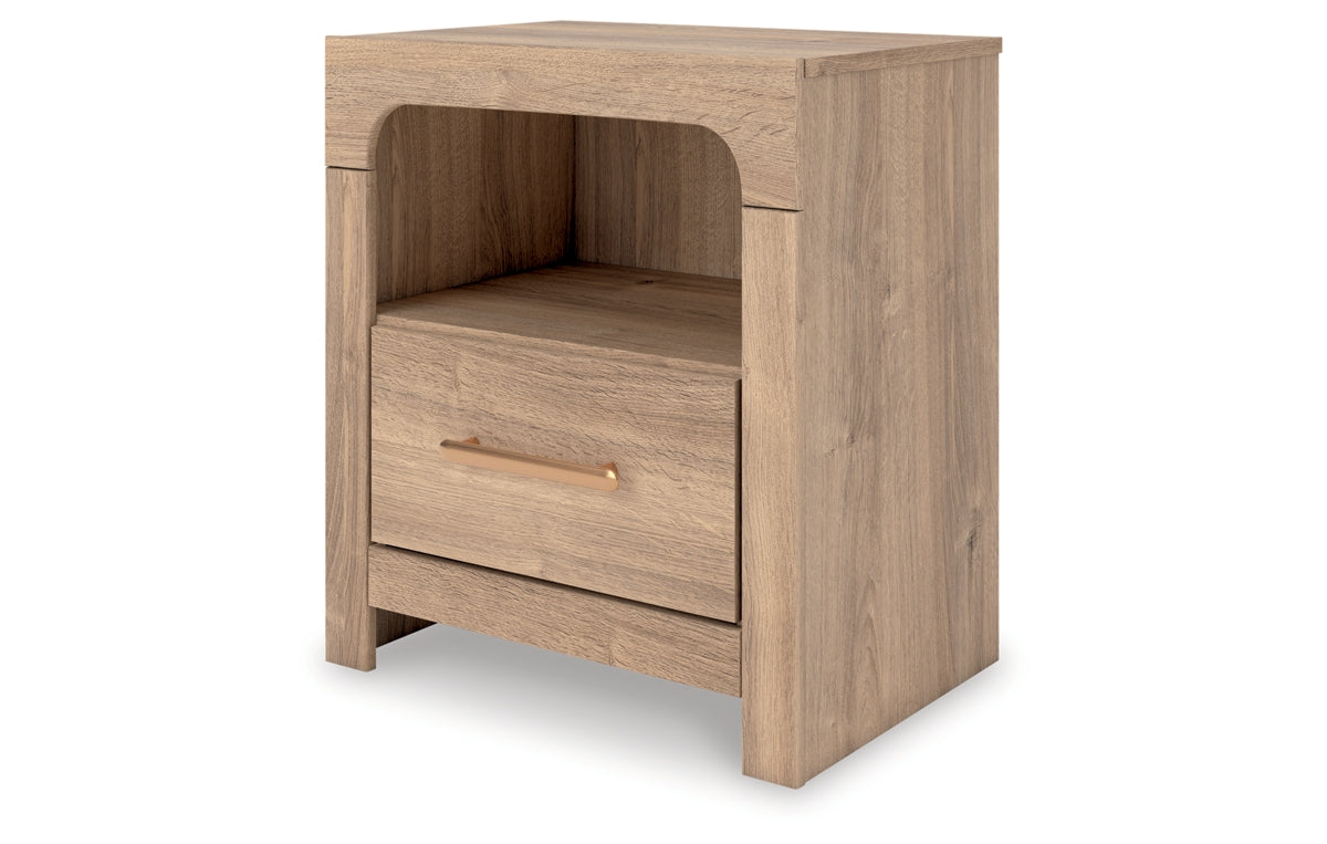 Kinlanni King Upholstered Panel Bed, Dresser, Mirror and Nightstand