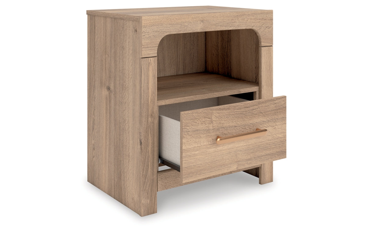 Kinlanni King Upholstered Panel Bed, Dresser, Mirror and Nightstand