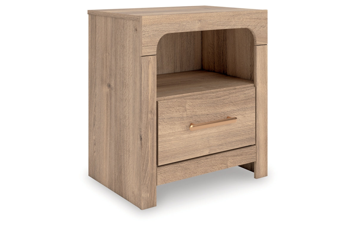 Kinlanni King Upholstered Panel Bed, Dresser, Mirror and Nightstand