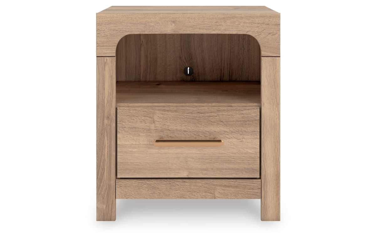Kinlanni King Upholstered Panel Bed, Dresser, Mirror and Nightstand