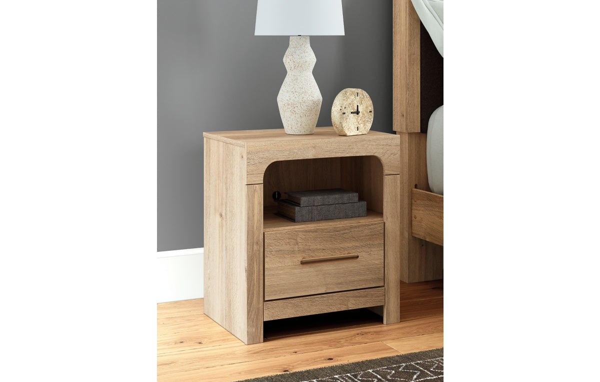 Kinlanni King Upholstered Panel Bed, Dresser, Mirror and Nightstand