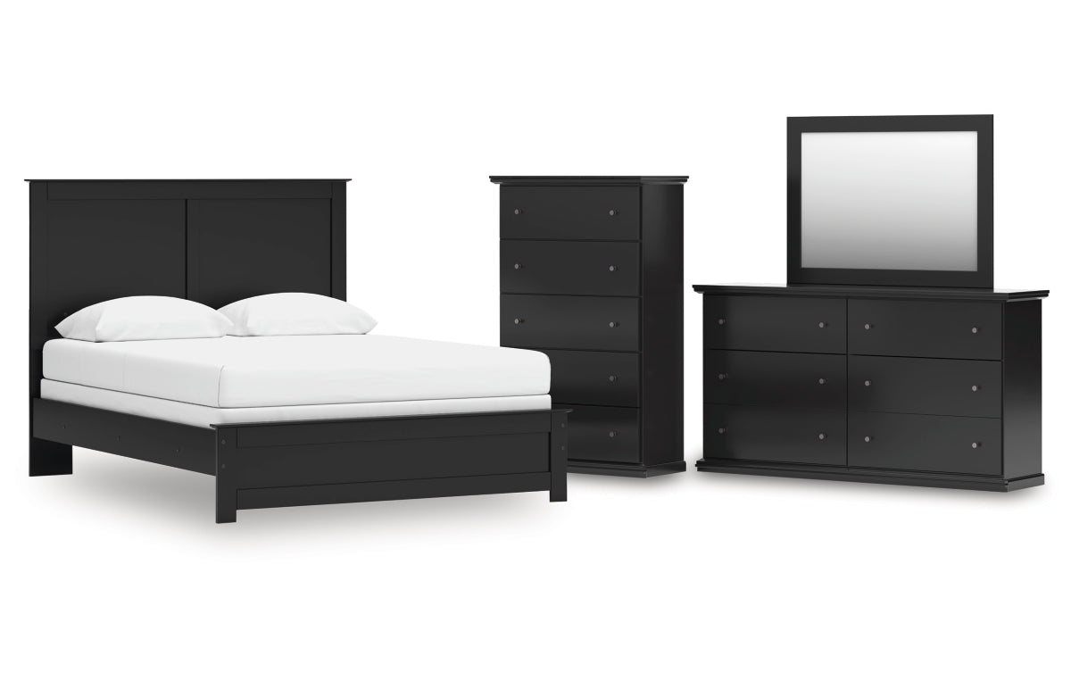 Maribel Queen Panel Bed with Mirrored Dresser and Chest