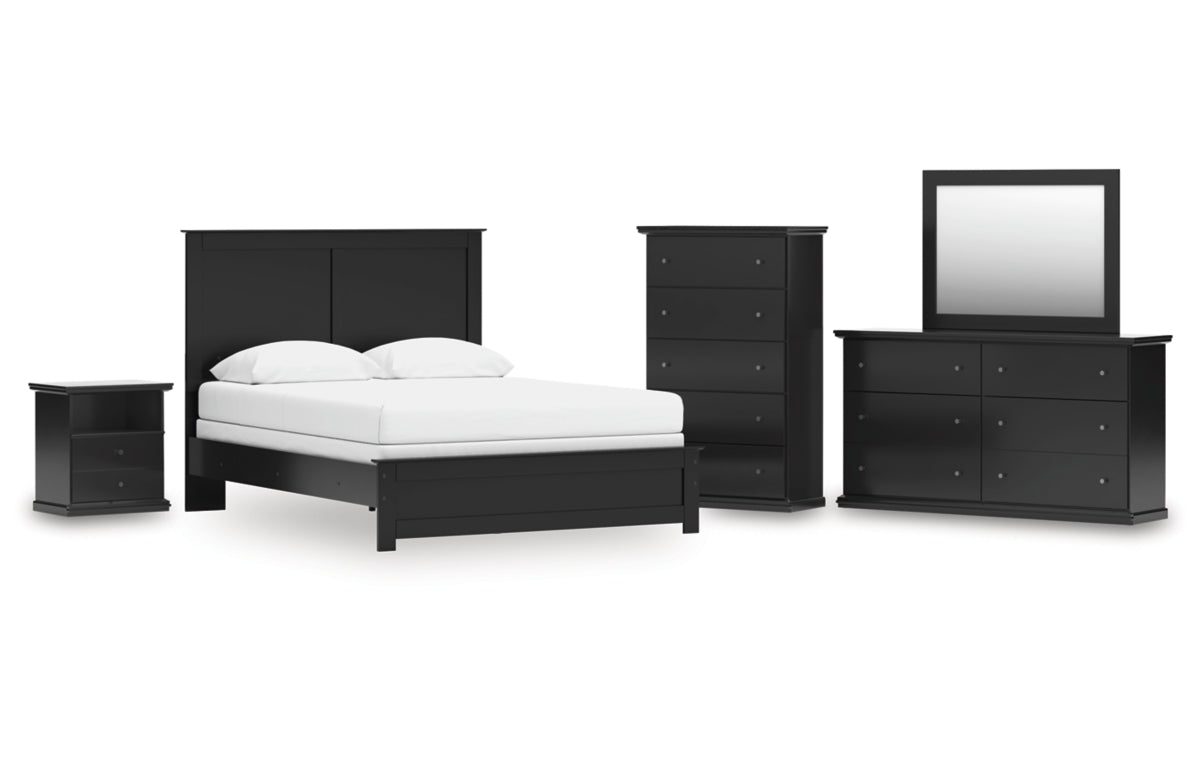 Maribel Queen Panel Bed with Mirrored Dresser, Chest and Nightstand