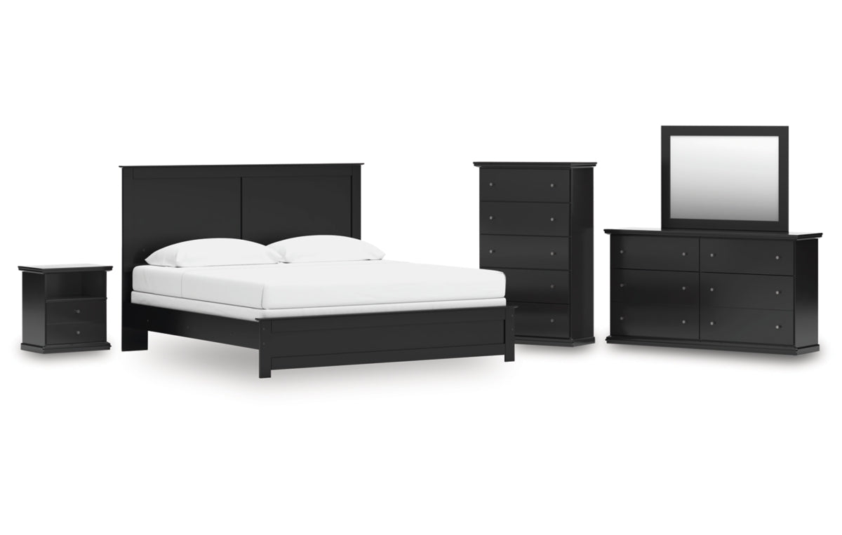 Maribel King Panel Bed with Mirrored Dresser, Chest and Nightstand