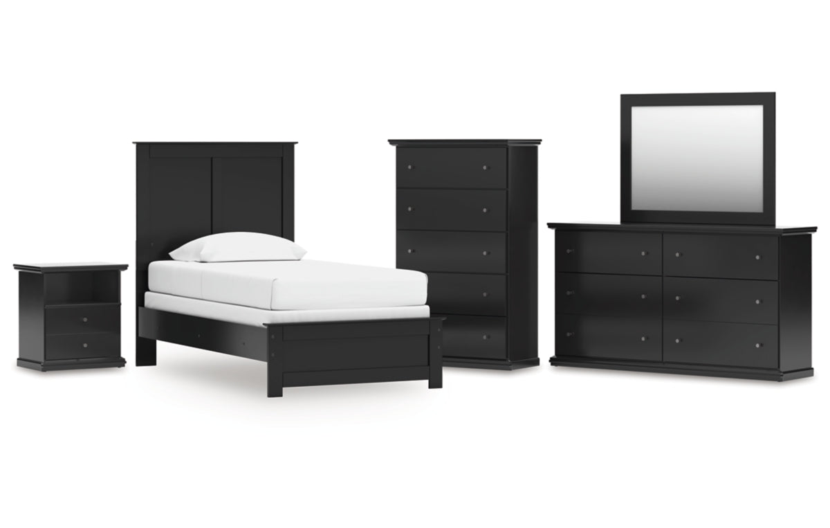 Maribel Twin Panel Bed with Mirrored Dresser, Chest and Nightstand