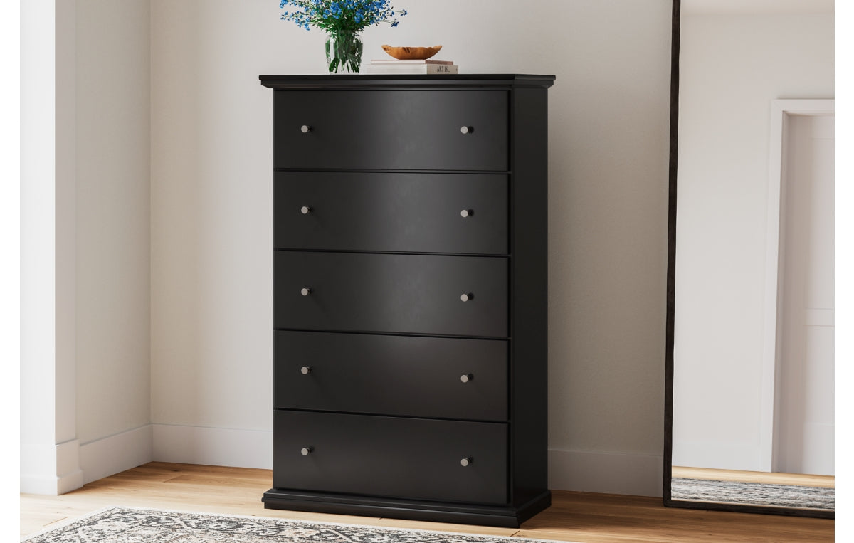 Maribel Queen Panel Bed with Mirrored Dresser and Chest