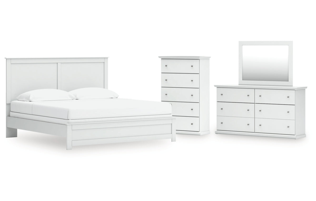 Bostwick Shoals King Panel Bed with Mirrored Dresser and Chest