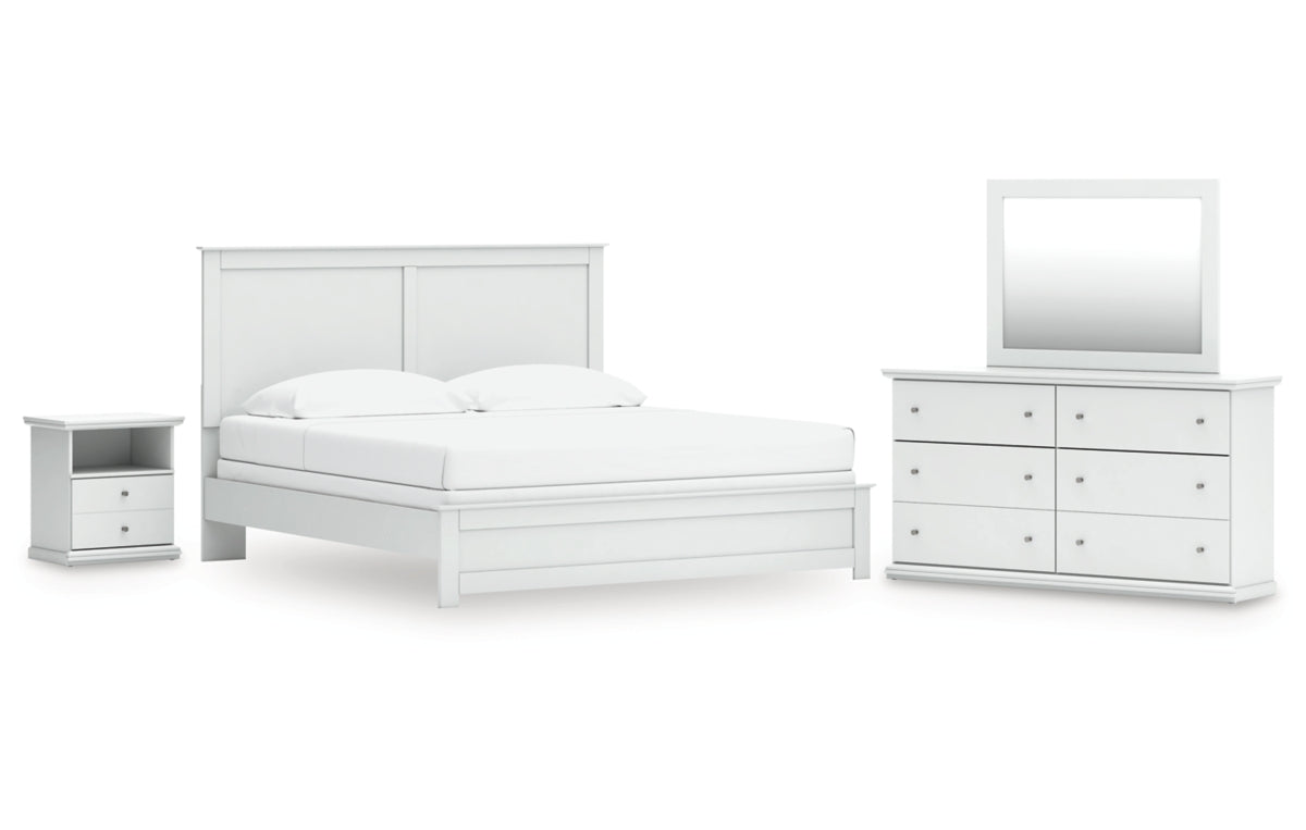 Bostwick Shoals King Panel Bed with Mirrored Dresser and Nightstand
