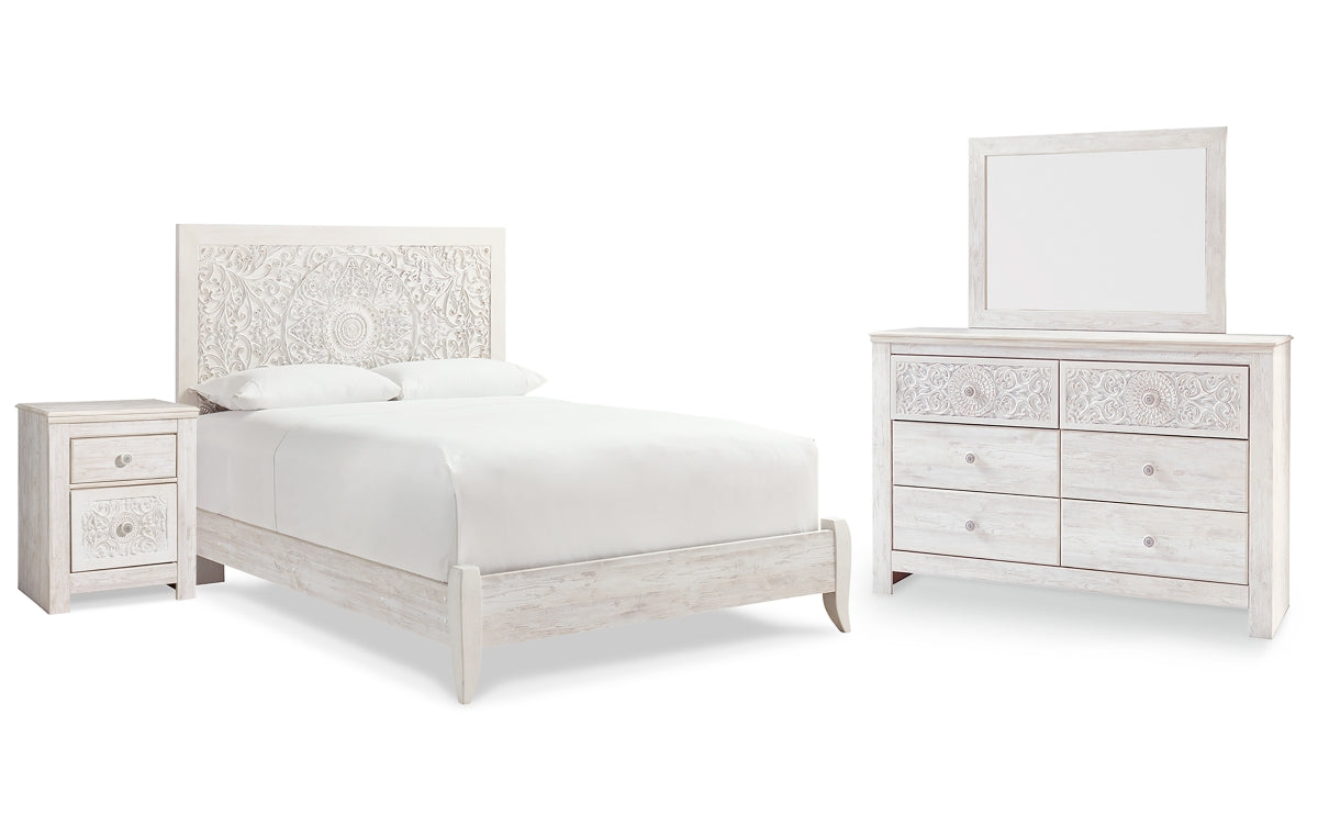 Paxberry Queen Panel Bed with Mirrored Dresser and Nightstand