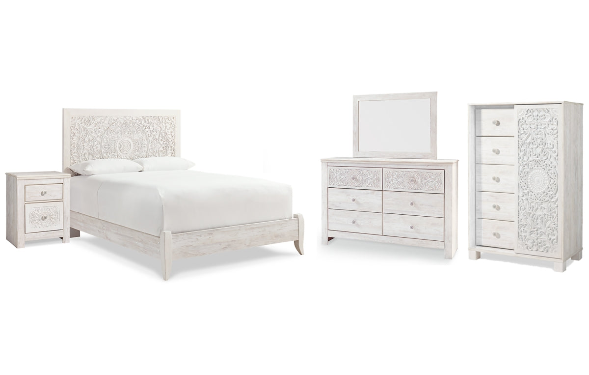 Paxberry Queen Panel Bed with Mirrored Dresser, Chest and Nightstand
