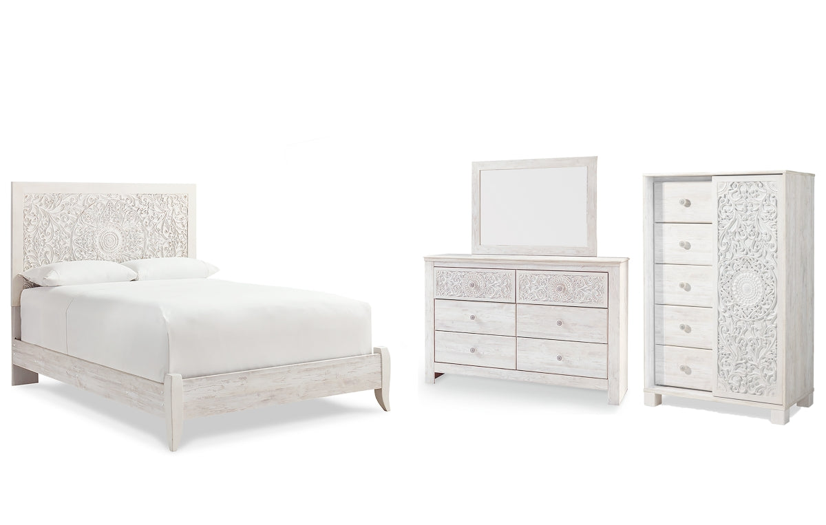 Paxberry Queen Panel Bed with Mirrored Dresser and Chest
