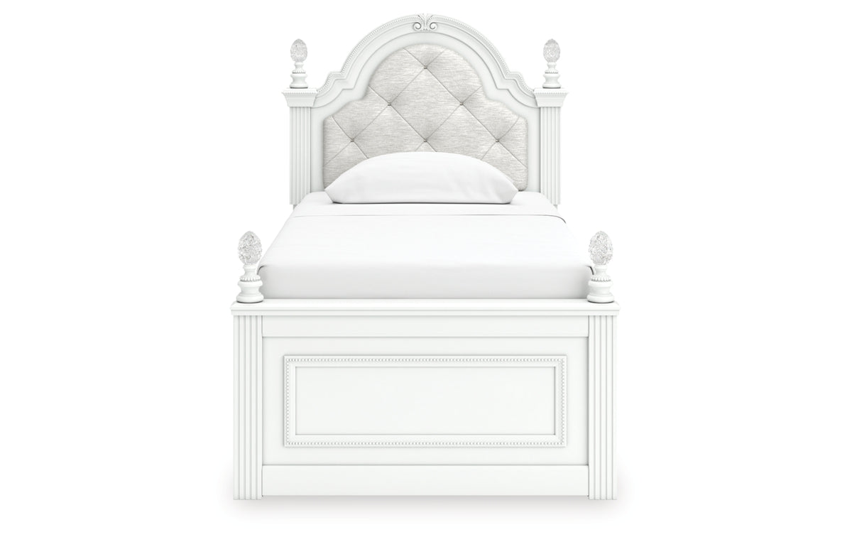 Kozlani Twin Upholstered Panel Bed, Dresser, Mirror and Nightstand
