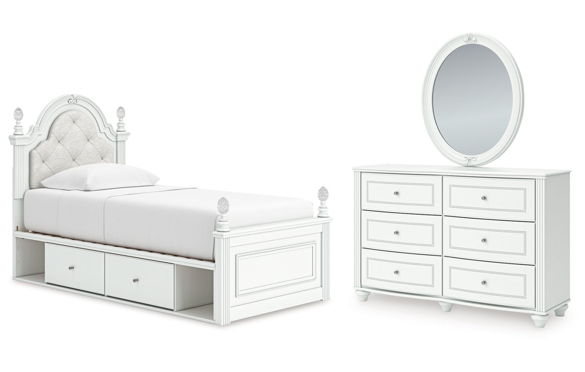 Kozlani Twin Upholstered Panel Storage Bed, Dresser and Mirror