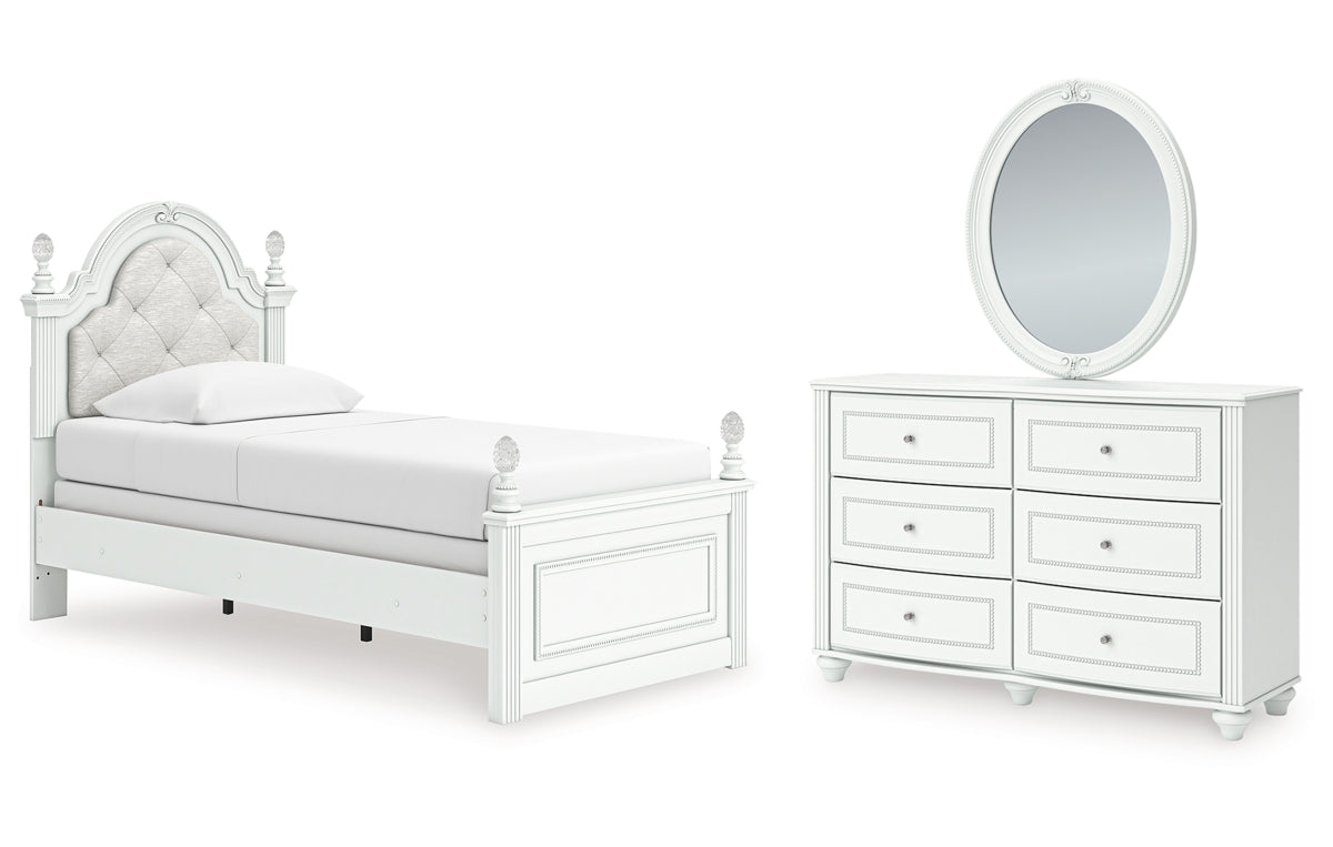 Kozlani Twin Upholstered Panel Bed, Dresser and Mirror
