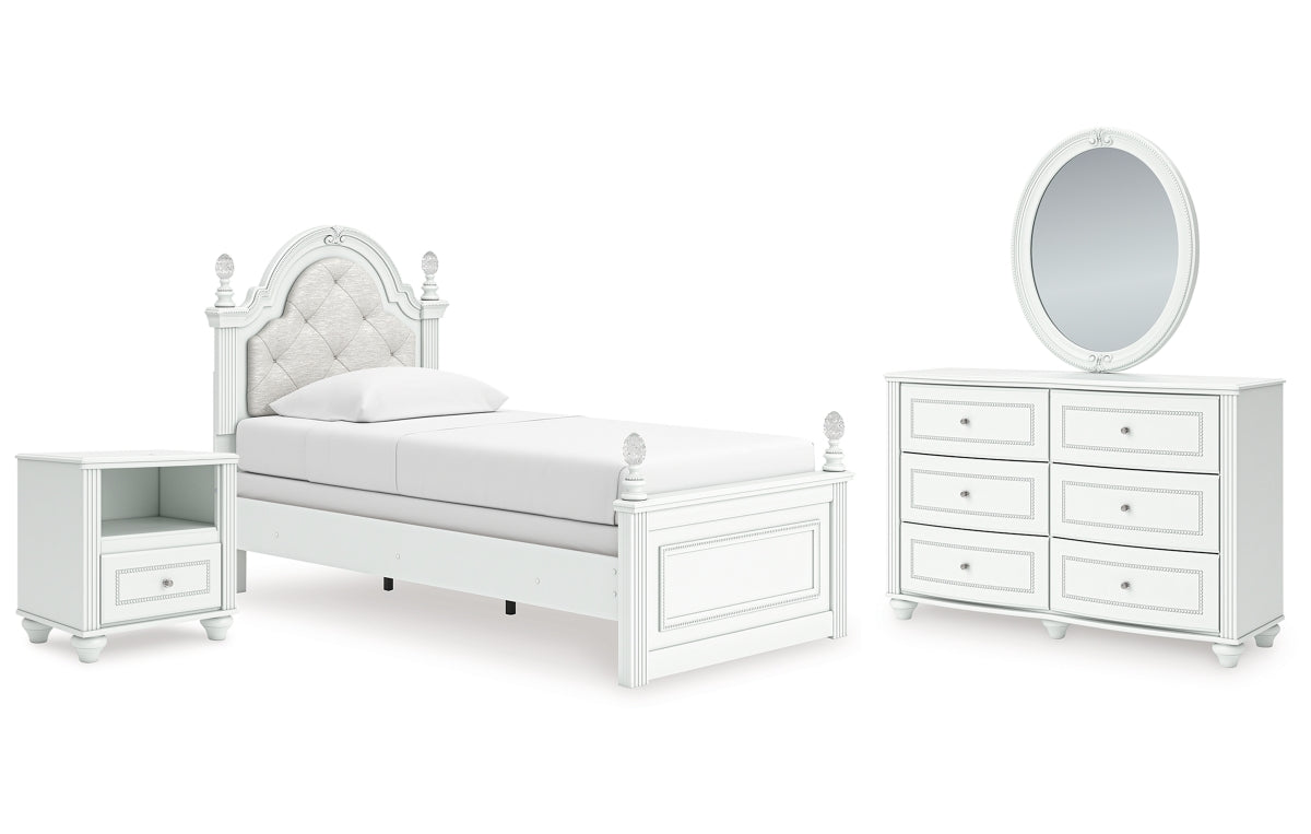 Kozlani Twin Upholstered Panel Bed, Dresser, Mirror and Nightstand