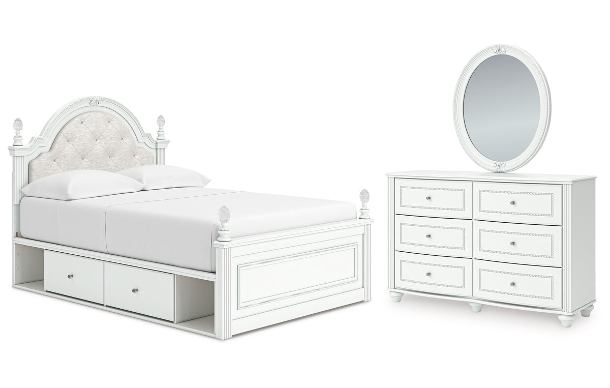Kozlani Full Upholstered Panel Storage Bed, Dresser and Mirror