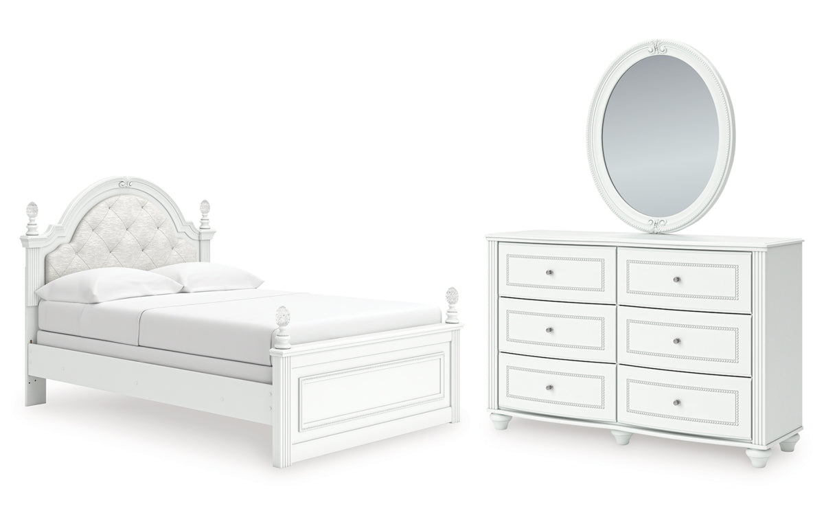 Kozlani Full Upholstered Panel Bed, Dresser and Mirror