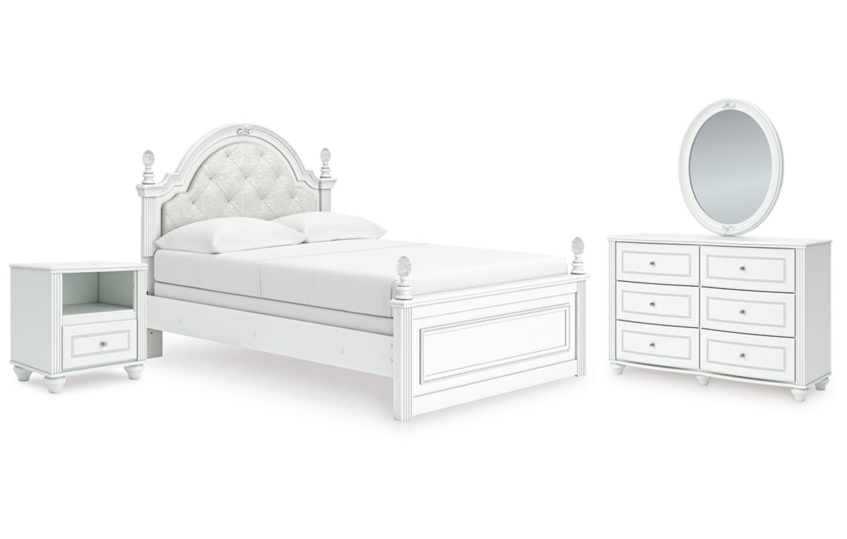 Kozlani Full Upholstered Panel Bed, Dresser, Mirror and Nightstand