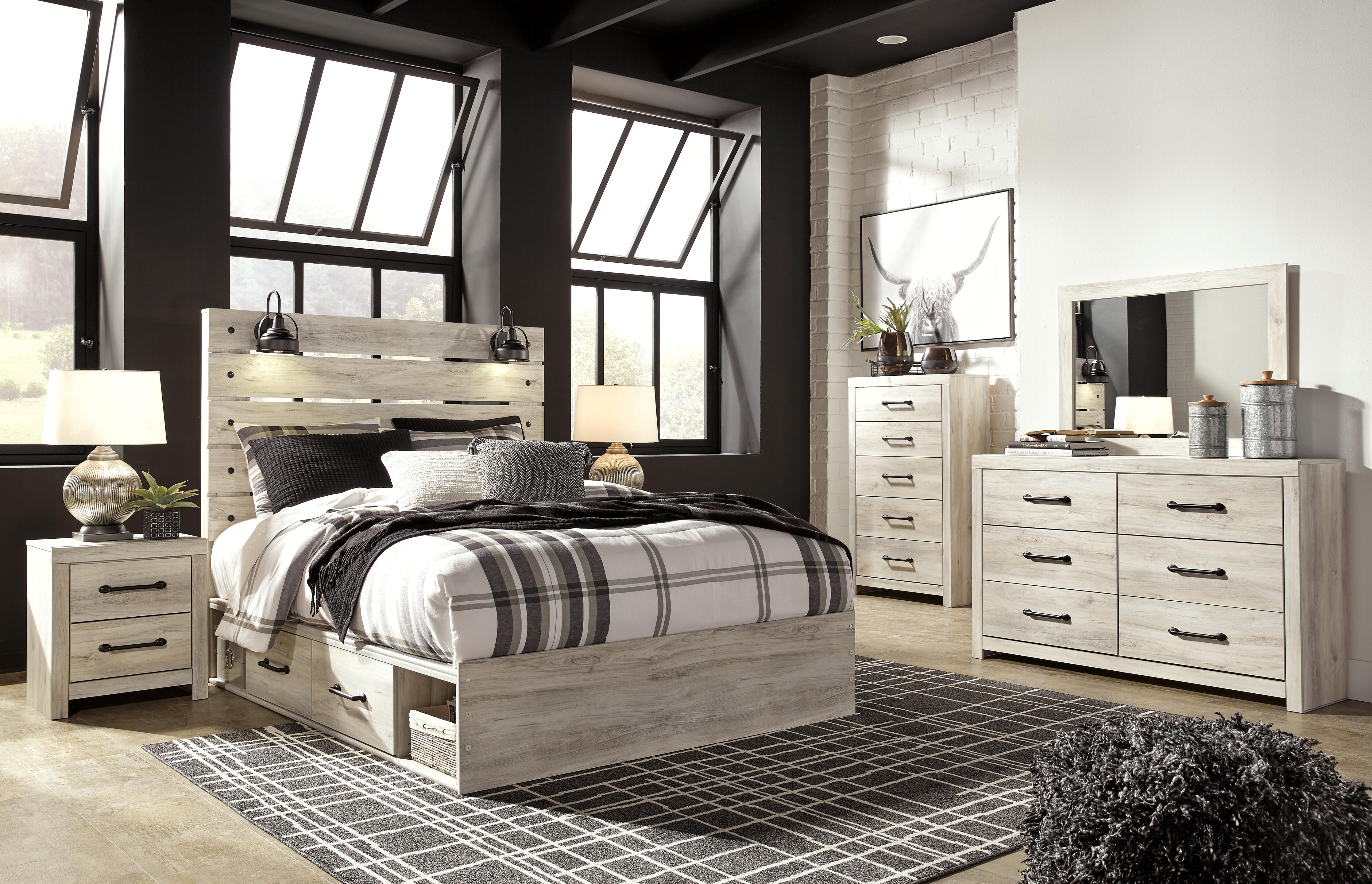 Cambeck Queen Panel Bed with 4 Storage Drawers with Mirrored Dresser, Chest and Nightstand