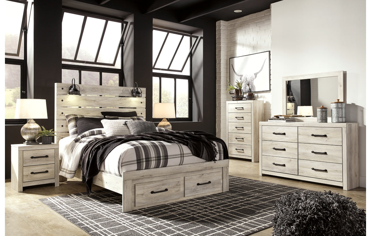 Cambeck Queen Panel Bed with 2 Storage Drawers with Mirrored Dresser, Chest and Nightstand