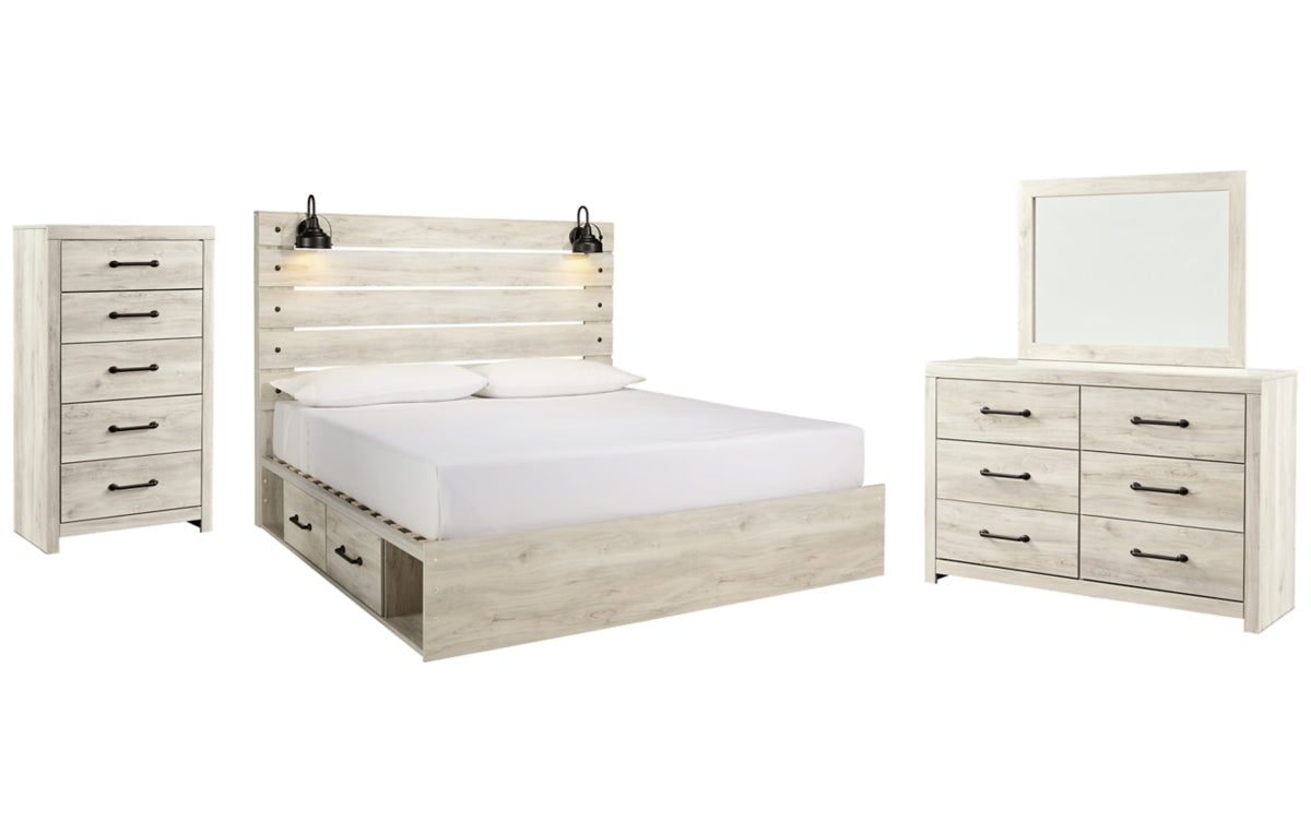 Cambeck King Panel Bed with 2 Storage Drawers with Mirrored Dresser and Chest