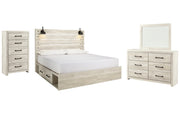 Cambeck King Panel Bed with 2 Storage Drawers with Mirrored Dresser and Chest