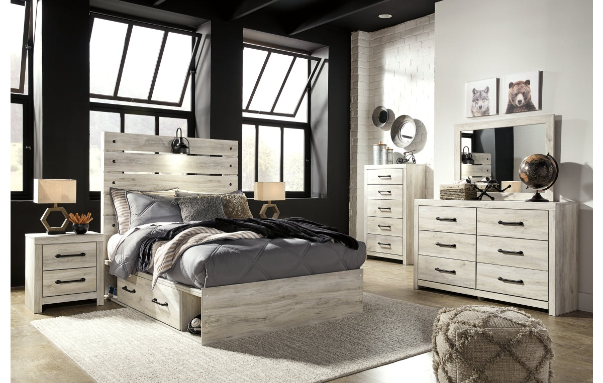 Cambeck Full Panel Bed with 2 Storage Drawers with Mirrored Dresser, Chest and Nightstand