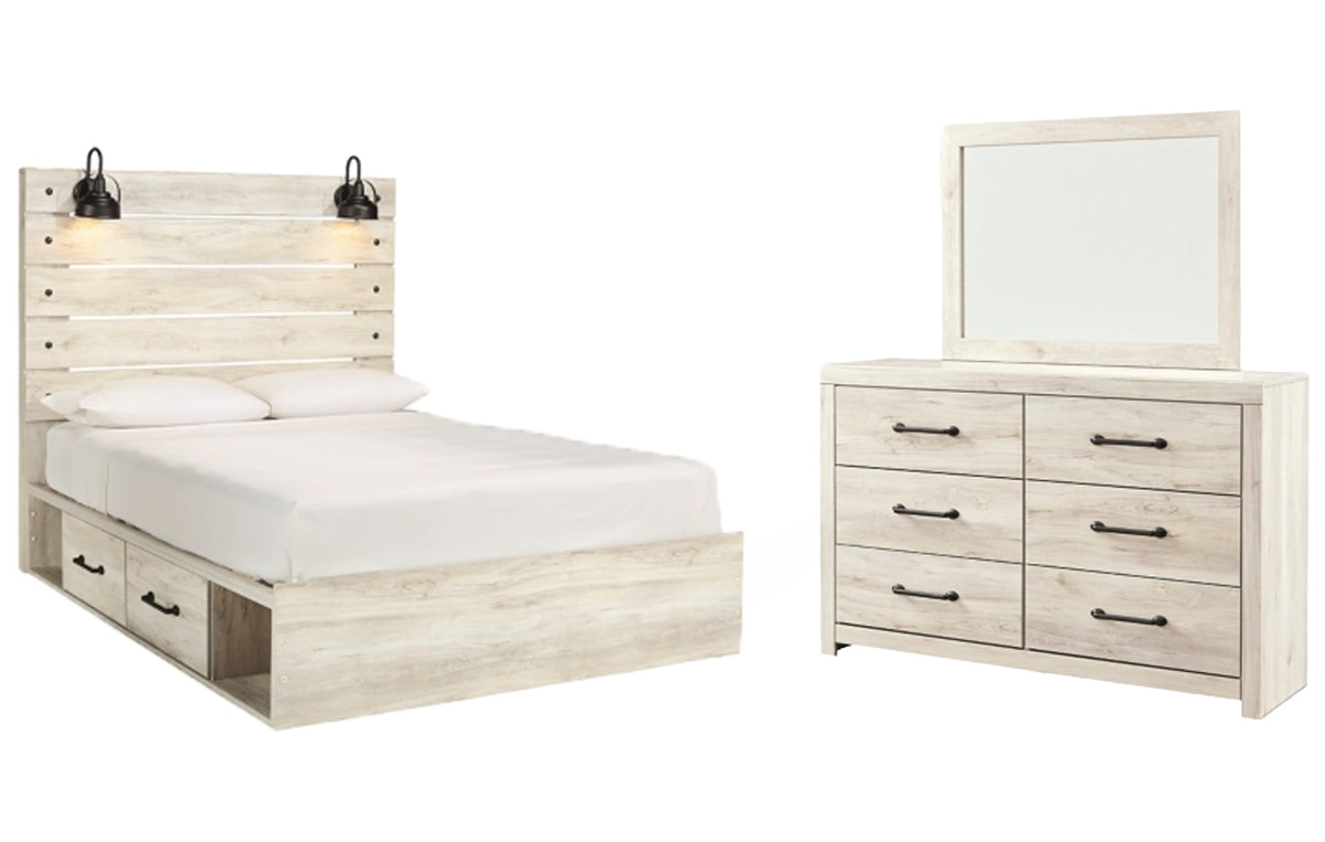 Cambeck Queen Panel Bed with 4 Storage Drawers with Mirrored Dresser