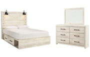 Cambeck Queen Panel Bed with 4 Storage Drawers with Mirrored Dresser