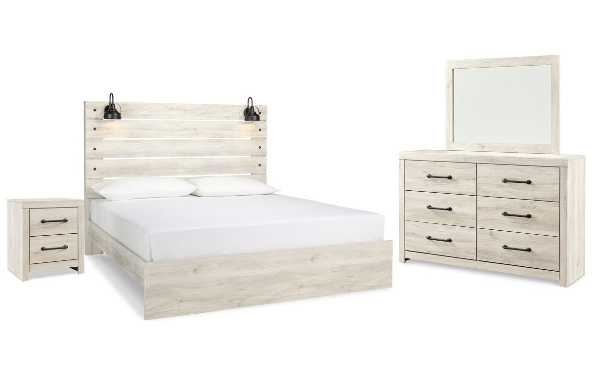 Cambeck King Panel Bed with Mirrored Dresser and Nightstand