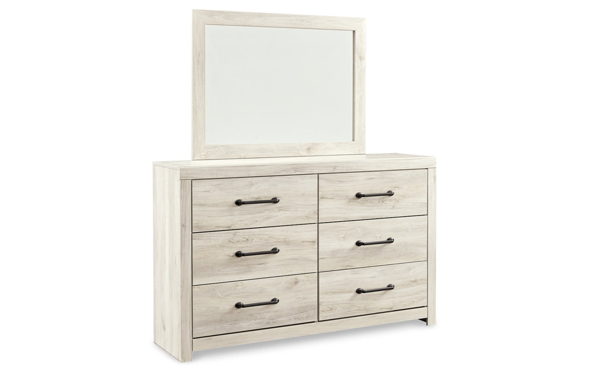 Cambeck King Panel Bed with 2 Storage Drawers with Mirrored Dresser and Chest