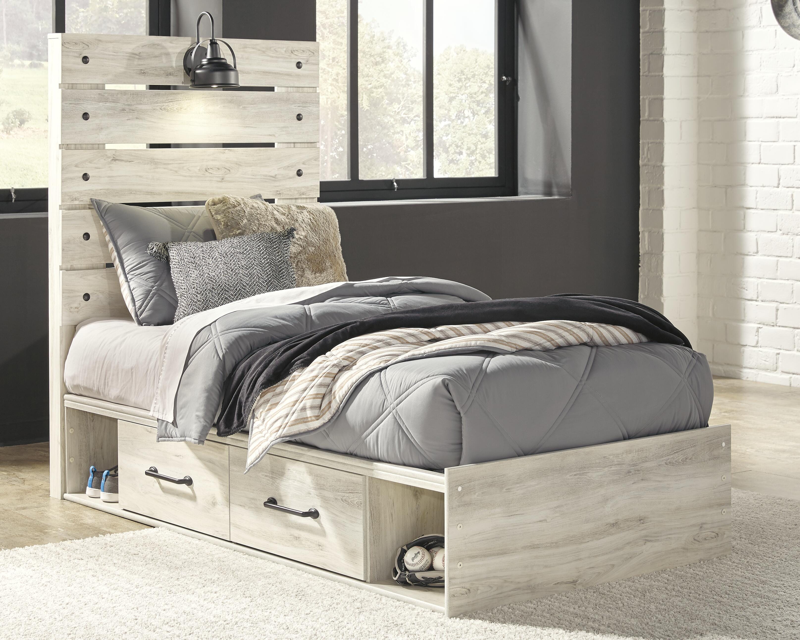 Cambeck Twin Panel Bed with 4 Storage Drawers with Mirrored Dresser and Chest
