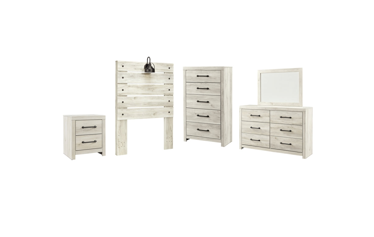 Cambeck Twin Panel Headboard with Mirrored Dresser, Chest and Nightstand