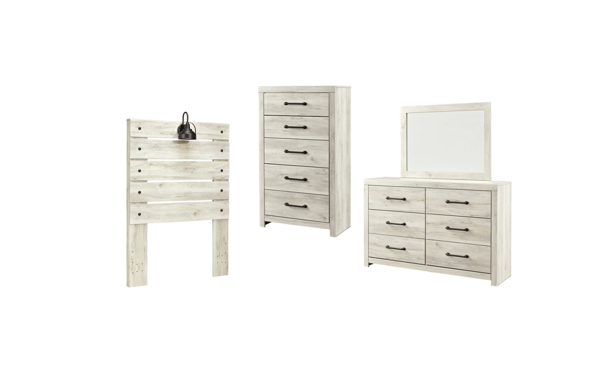 Cambeck Twin Panel Headboard with Mirrored Dresser and Chest