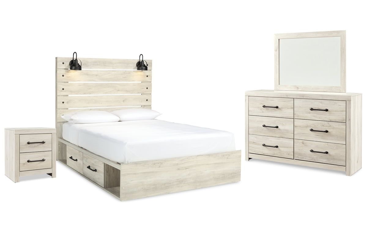 Cambeck Queen Panel Bed with 2 Storage Drawers with Mirrored Dresser and Nightstand