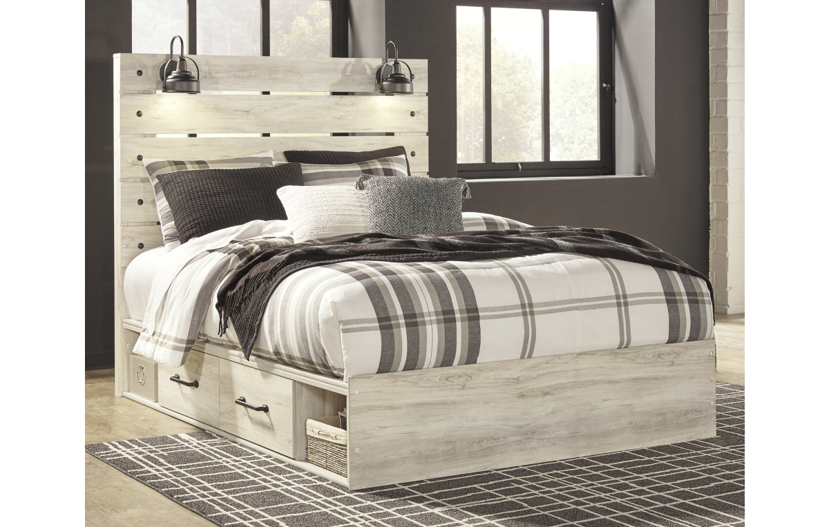 Cambeck Queen Panel Bed with 2 Storage Drawers with Mirrored Dresser