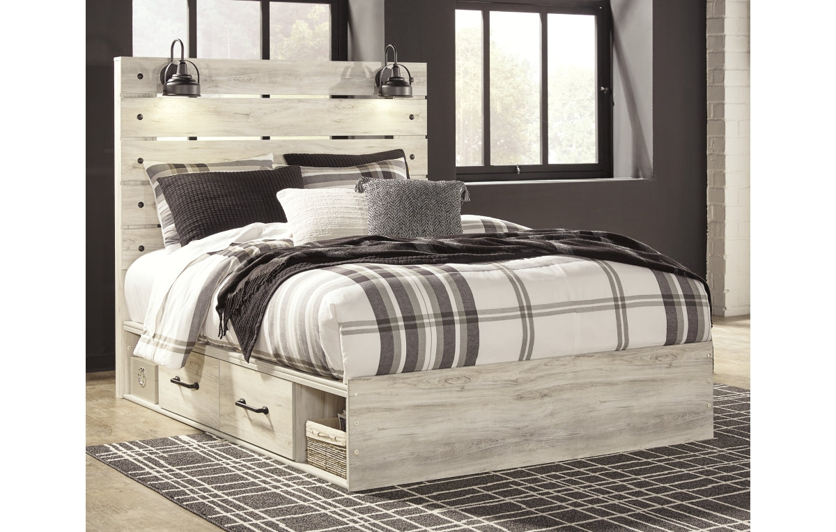 Cambeck Queen Panel Bed with 4 Storage Drawers with Mirrored Dresser and Chest