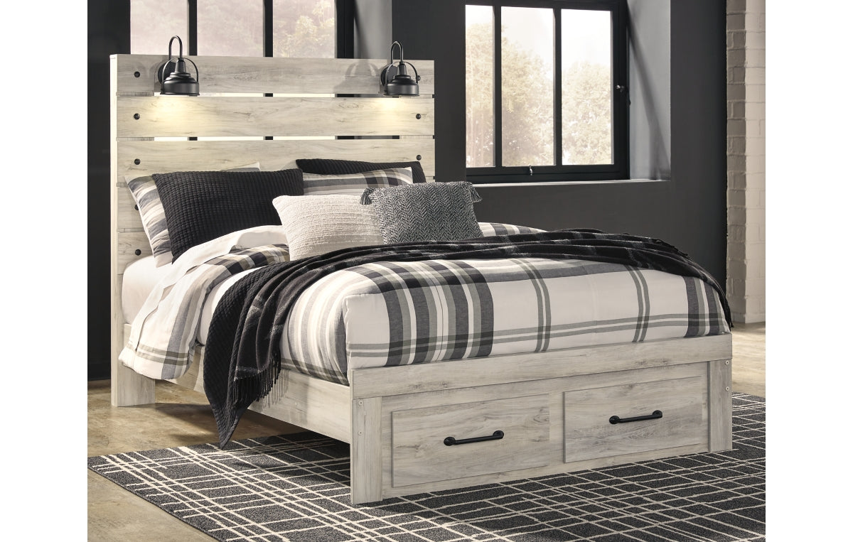 Cambeck Queen Panel Bed with 2 Storage Drawers with Mirrored Dresser and Chest