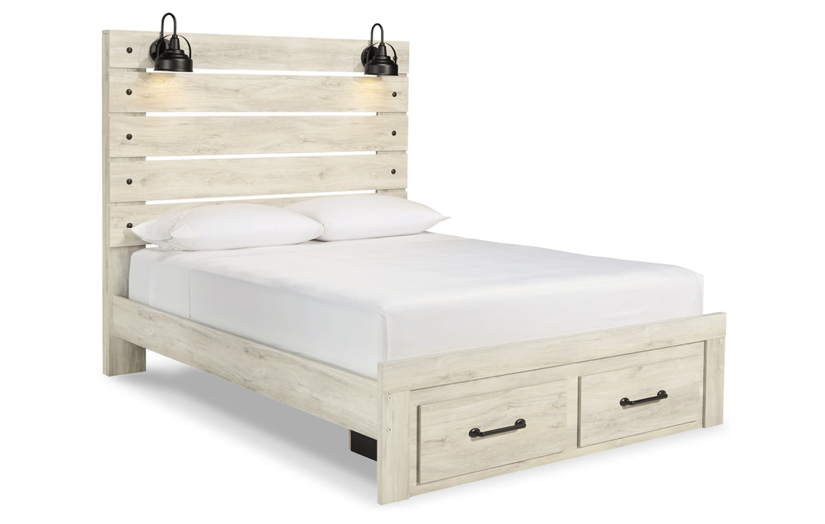 Cambeck Queen Panel Bed with 2 Storage Drawers with Mirrored Dresser and Chest