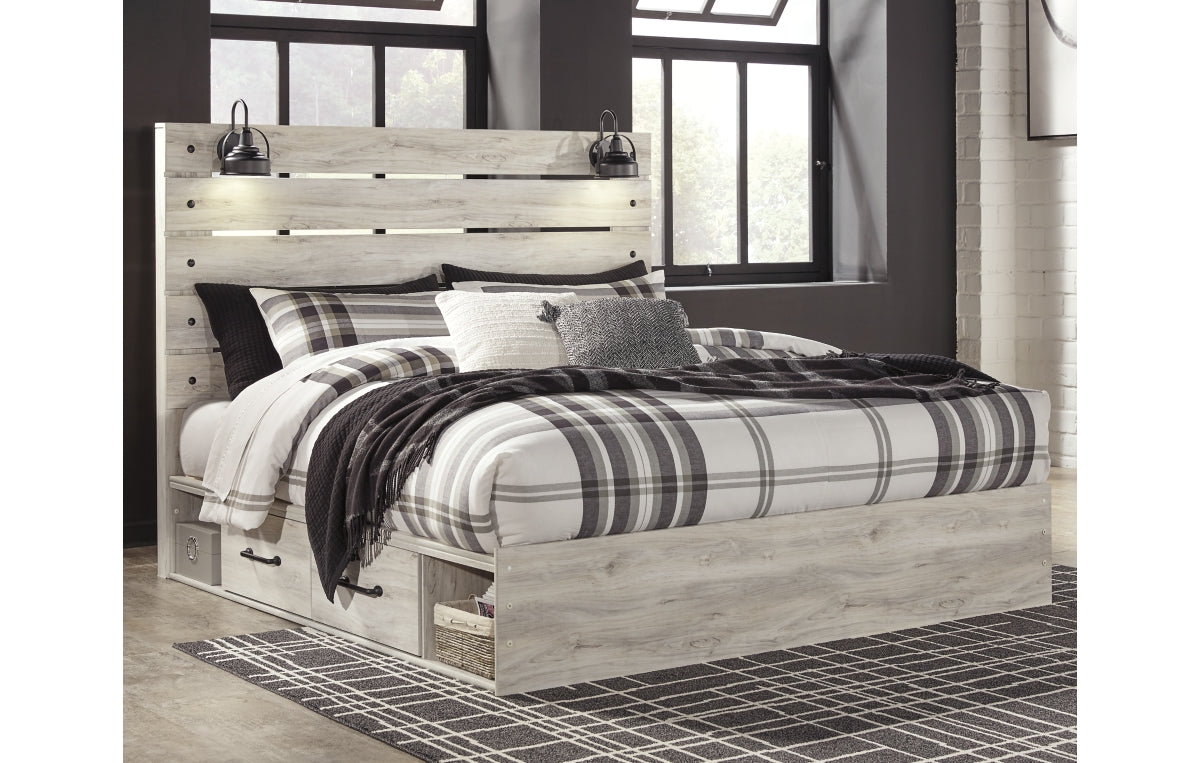 Cambeck King Panel Bed with 2 Storage Drawers with Mirrored Dresser, Chest and Nightstand