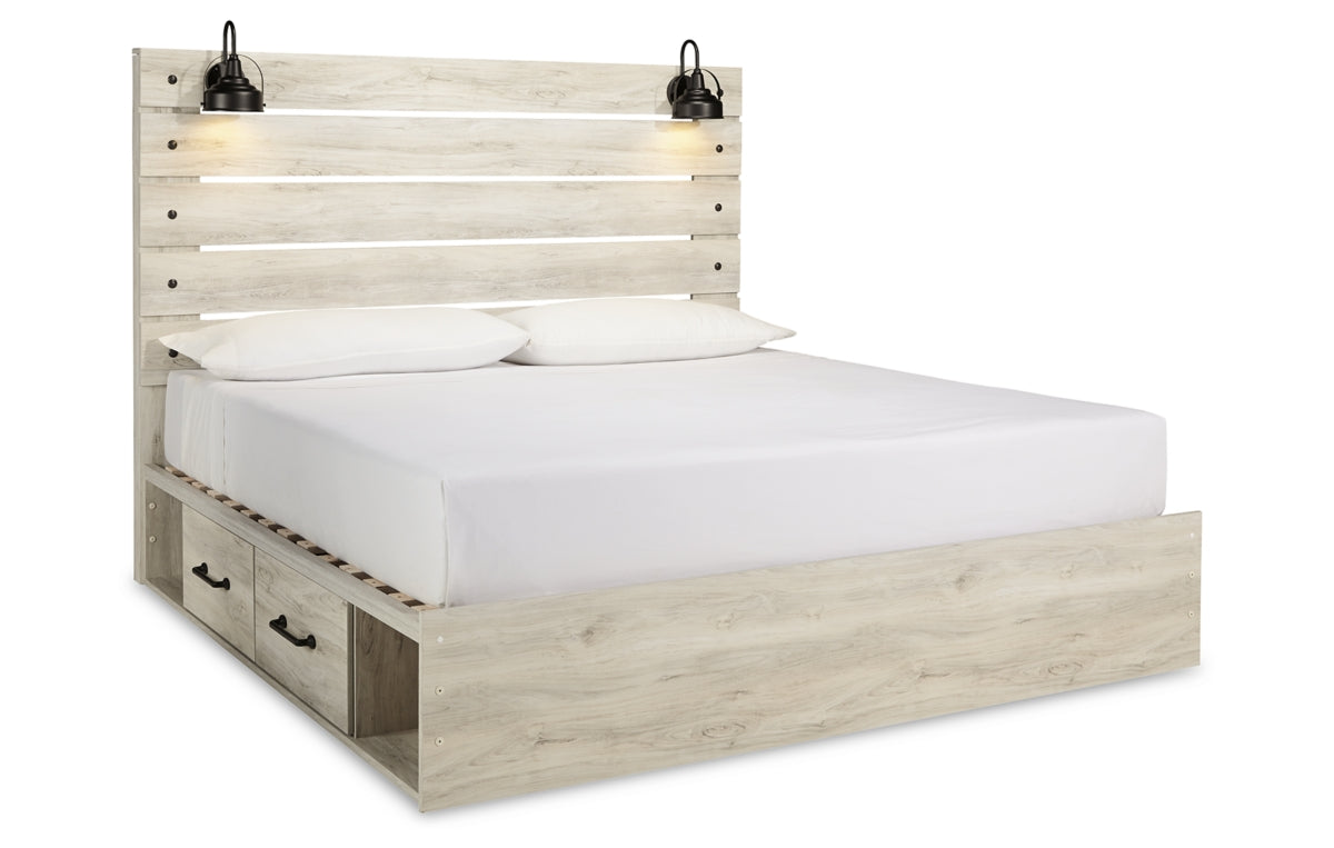 Cambeck King Panel Bed with 2 Storage Drawers with Mirrored Dresser and Chest
