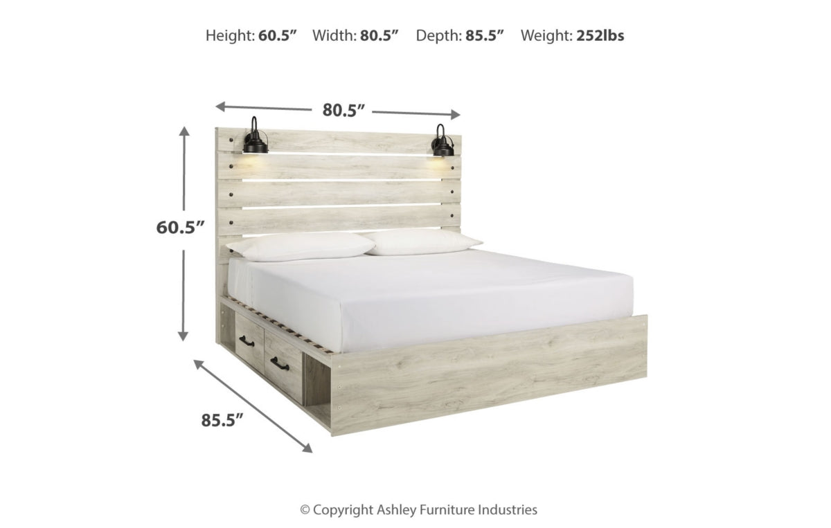 Cambeck King Panel Bed with 2 Storage Drawers with Mirrored Dresser and Chest