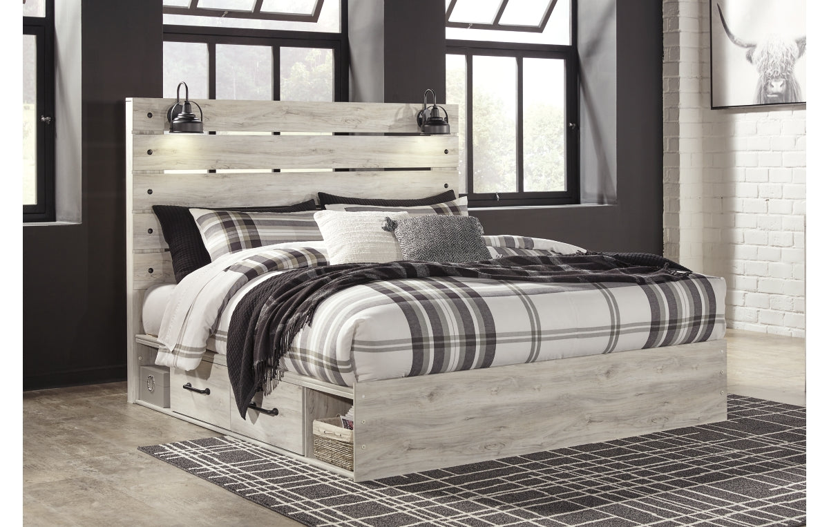 Cambeck King Panel Bed with 2 Storage Drawers with Mirrored Dresser and Chest